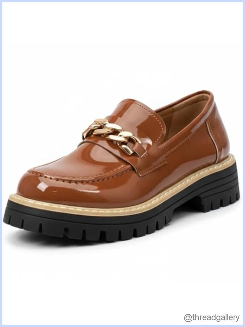 Patent Leather Platform Loafers Chain-Strap Round Toe Chunky Heel Slip-On Lug